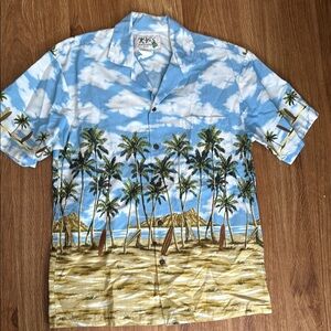 Blue and Green Casual Button Down Shirt with Scenic Design